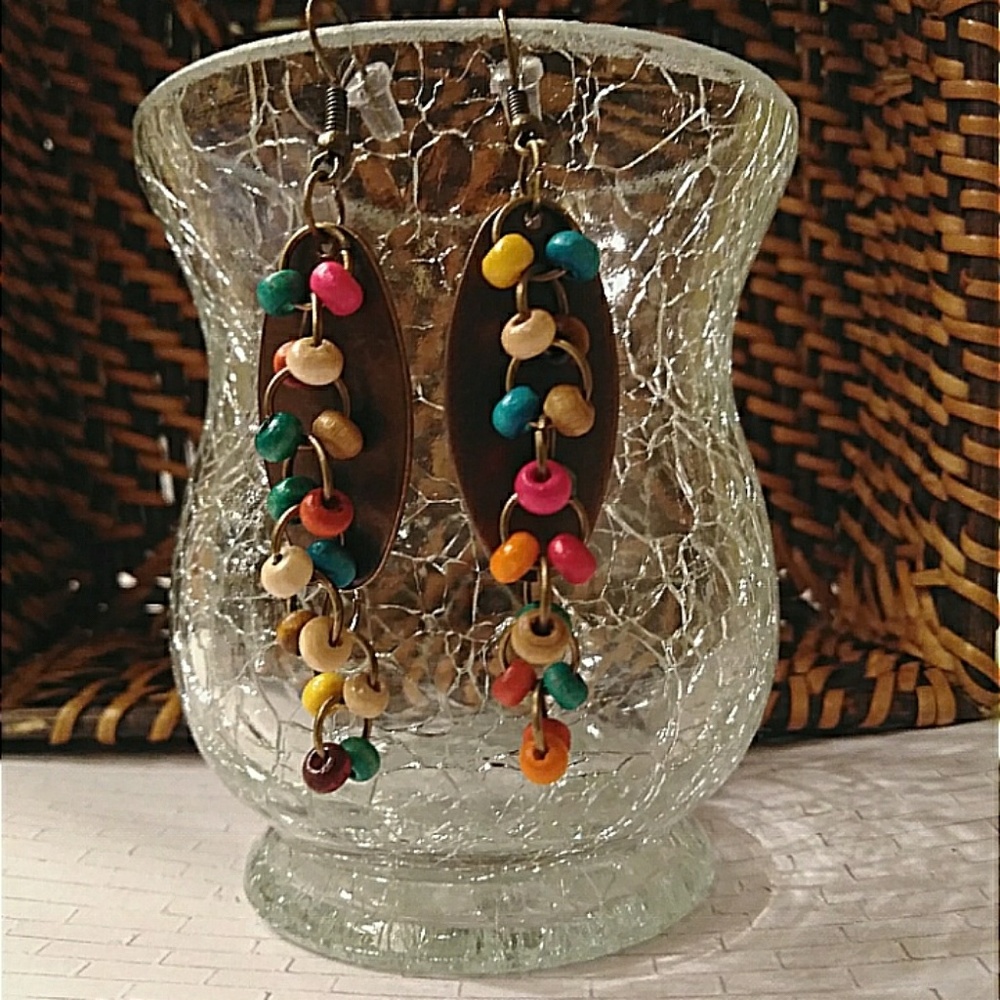 Boho bronze metal oval blanks & bead earrings